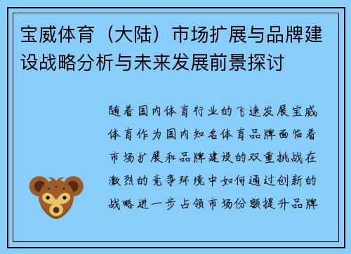 宝威体育（大陆）市场扩展与品牌建设战略分析与未来发展前景探讨